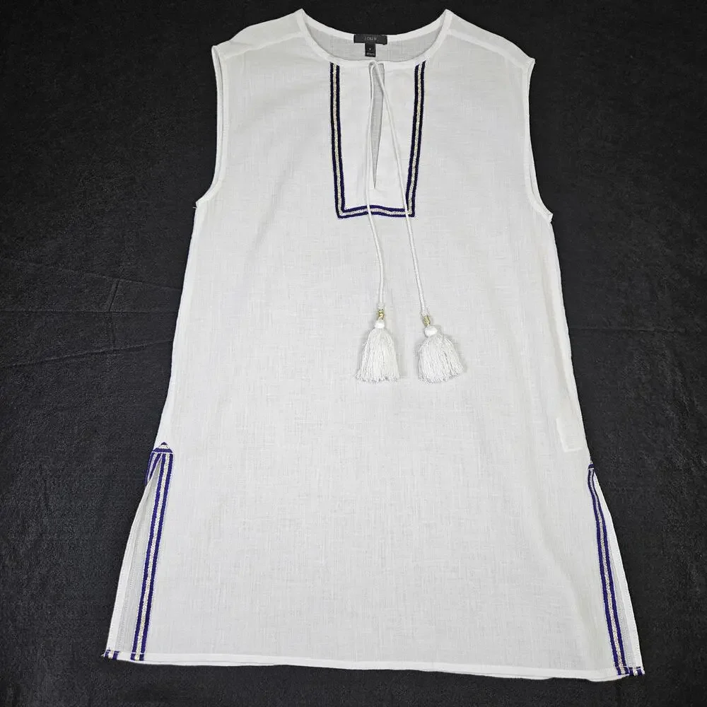 J.Crew Womens S Coverup White Sleeveless Tassel Beach Tunic C4368 Resort Cotton